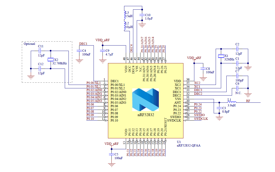 nRF52832射频电路参考32MHz+32.768KHz nRF52832射频电路参考32MHz+32.768KHz