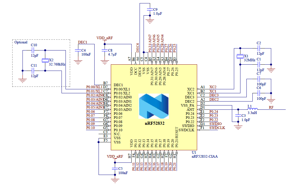nRF52832射频电路参考32MHz+32.768KHz nRF52832射频电路参考32MHz+32.768KHz