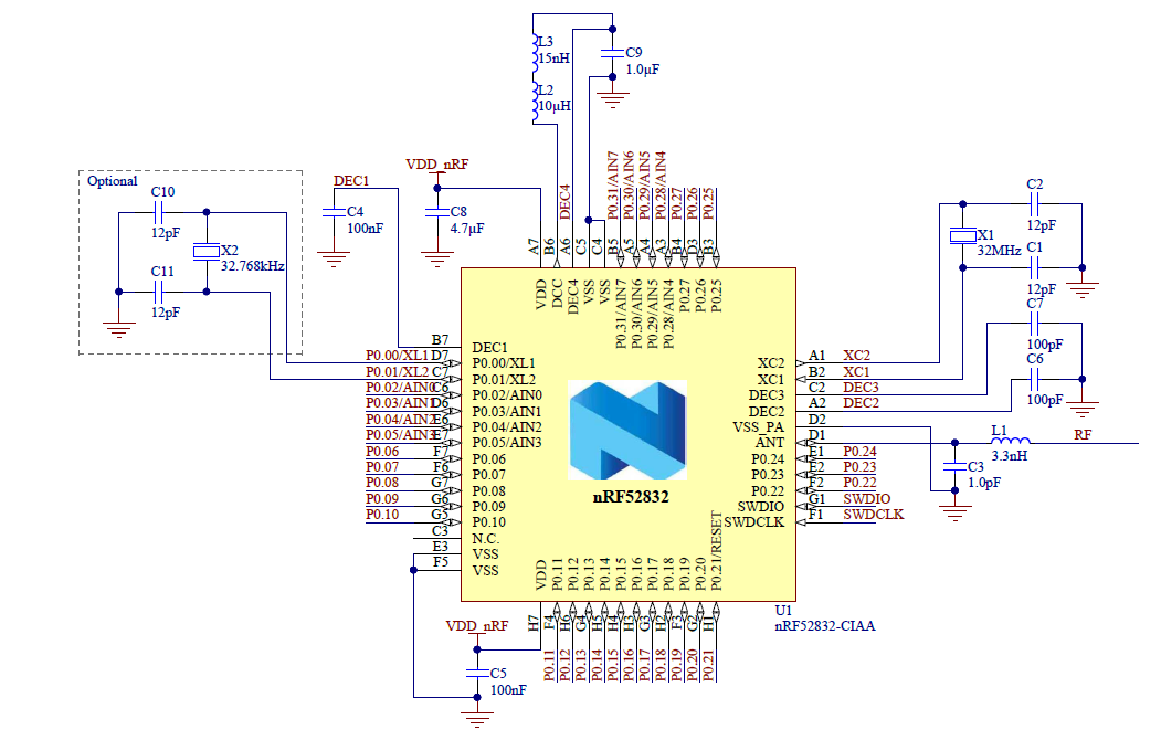 nRF52832射频电路参考32MHz+32.768KHz nRF52832射频电路参考32MHz+32.768KHz