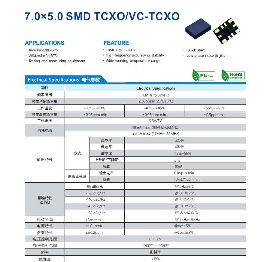 ±0.05PPM高精度温补晶振TCXO7050 10MHz~52MHz