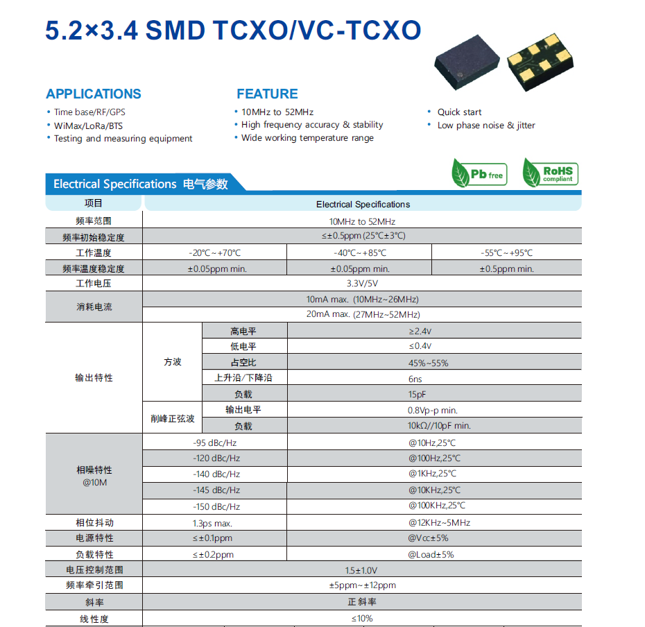 0.05PPM高精度温补晶振TCXO5234 10MHz~52MHz