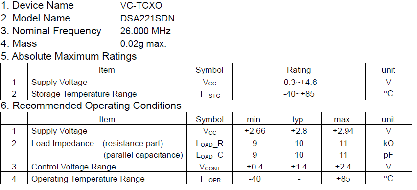 26MHz高精度压控温补晶振VC-TCXO2520 料号1XXA26000MAA 26MHz高精度压控温补晶振VC-TCXO2520 料号1XXA26000MAA