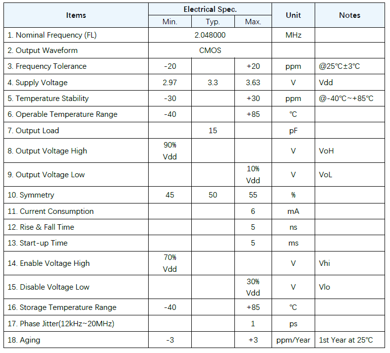 低功耗小尺寸有源晶振2.048MHz OSC2016规格参数