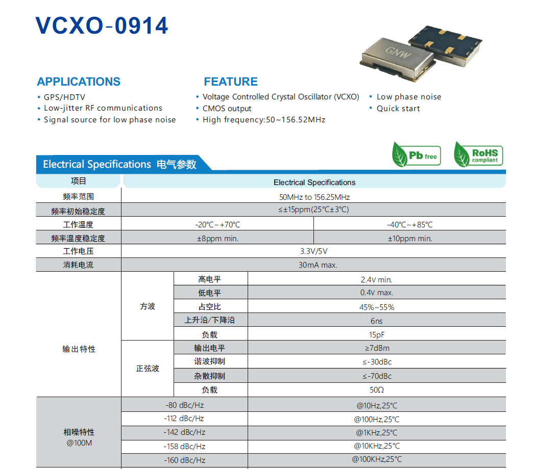 晶诺威科技产VCXO压控晶振0914规格参数